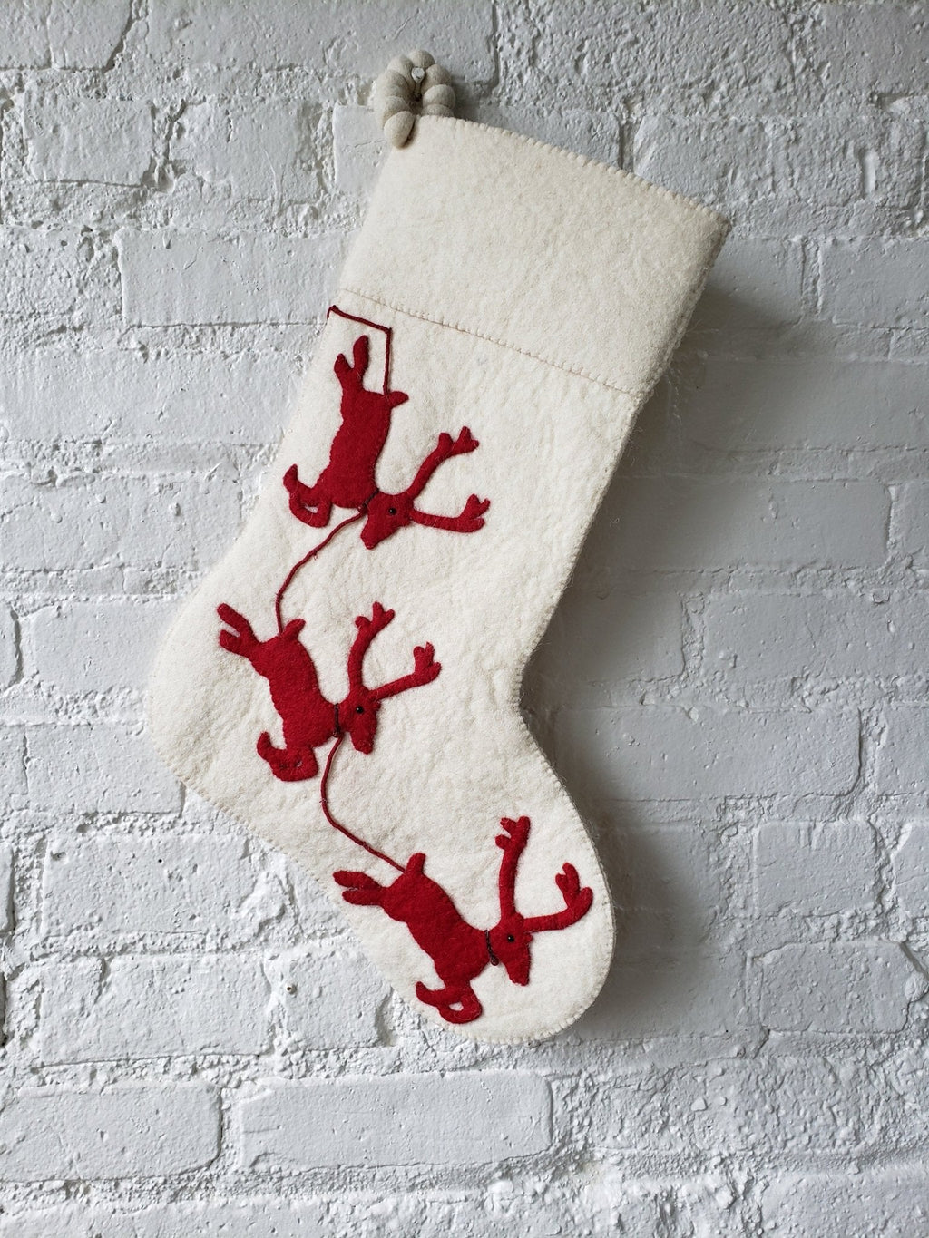 Handmade Christmas Stocking Cream Reindeer Red Arcadia Home