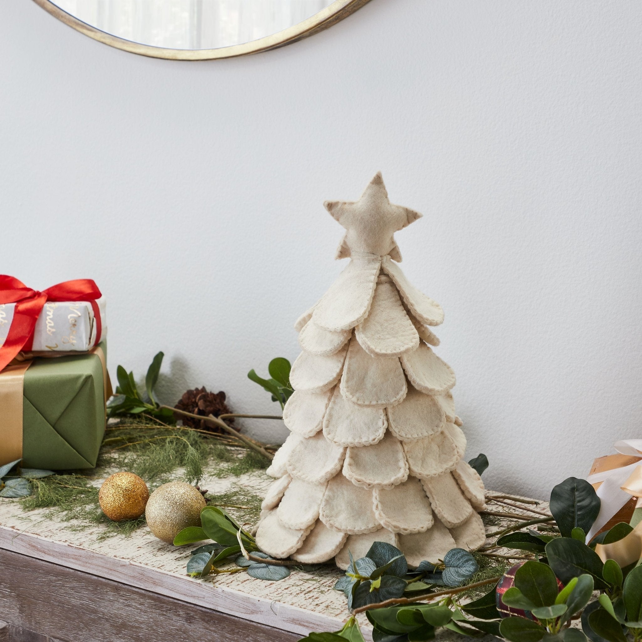 Handmade Cream Tabletop Christmas Tree Hand Felted Wool Arcadia Home - Che Cose Belle