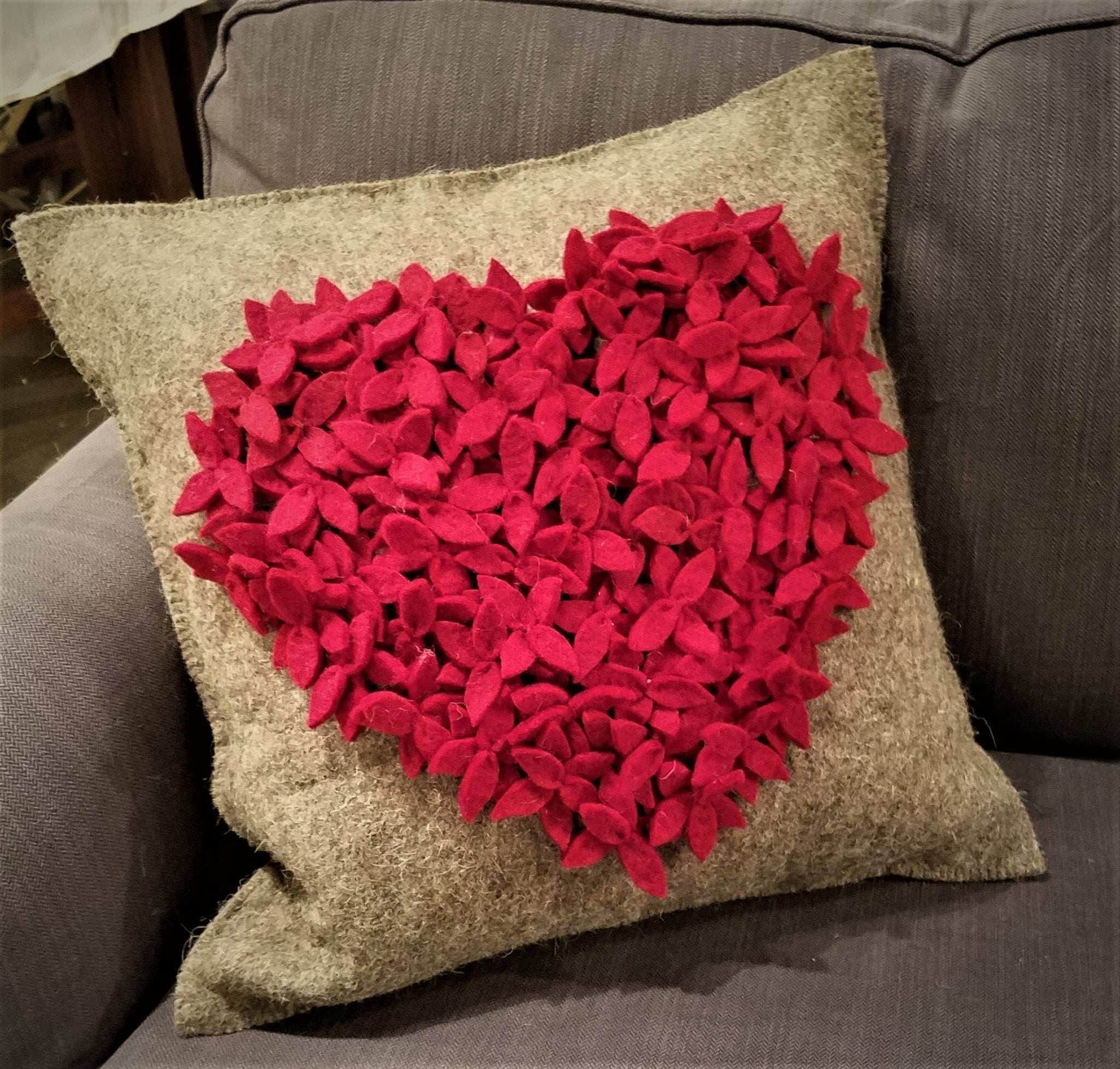 Handmade Cushion Cover Hand Felted Wool - Red Heart Gray - 20" Arcadia Home - Che Cose Belle