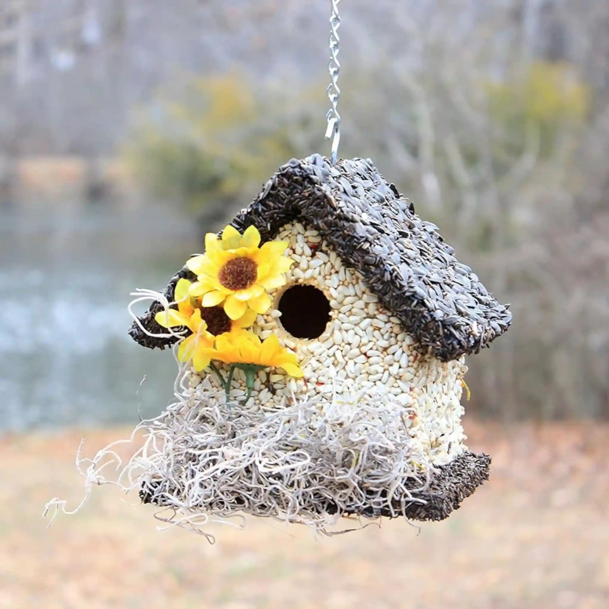 Handmade Edible Birdhouse - Dark Roof, Short Birdhouse Covered in Bird Seeds - Che Cose Belle