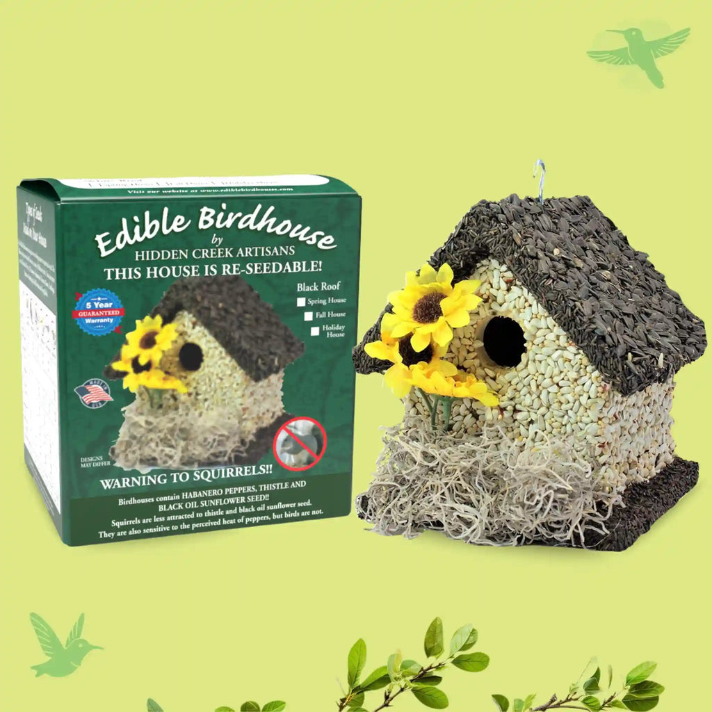 Handmade Edible Birdhouse - Dark Roof, Short Birdhouse Covered in Bird Seeds - Che Cose Belle