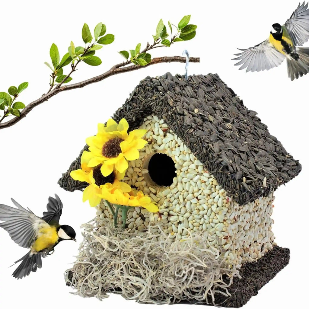 Handmade Edible Birdhouse - Dark Roof, Short Birdhouse Covered in Bird Seeds - Che Cose Belle