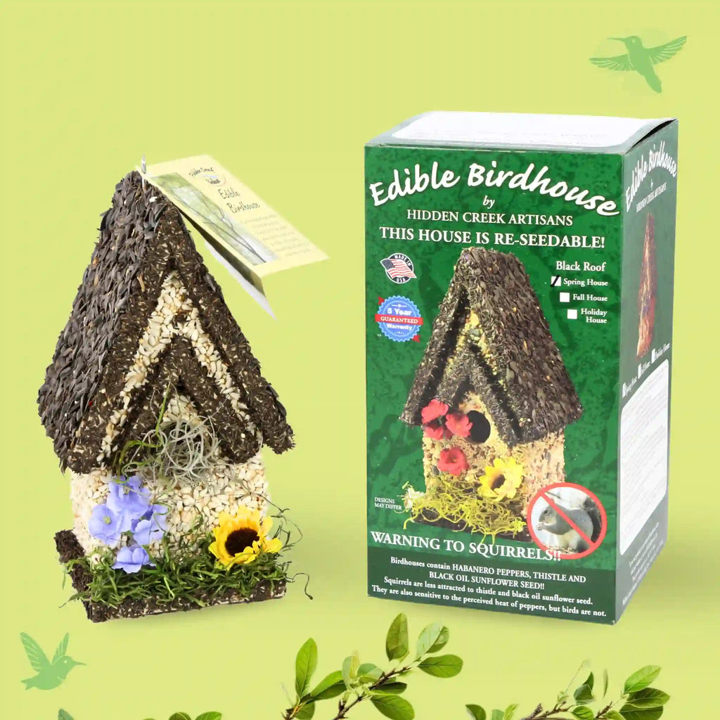 Handmade Edible Birdhouse - Dark Roof, Tall Birdhouse Covered in Bird Seeds - Che Cose Belle
