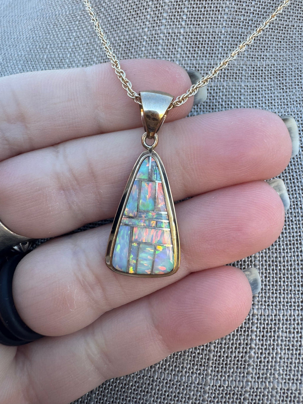 Handmade Gold Filled Over Sterling Silver & Opal Inlay Pendant Necklace 16" - Che Cose Belle