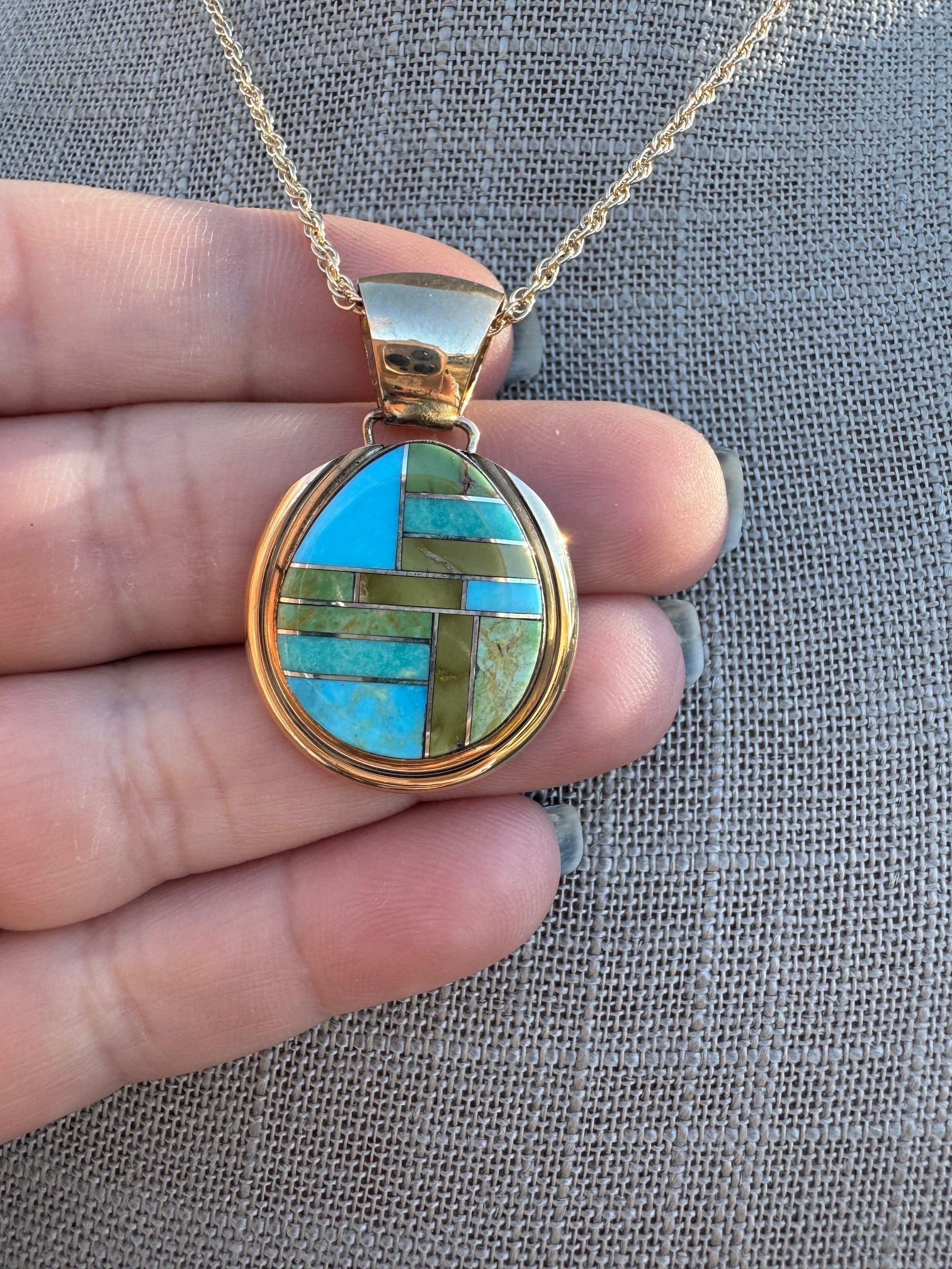 Handmade Gold Filled Over Sterling Silver & Sonoran Mountain Turquoise Inlay Pendant Necklace - Che Cose Belle