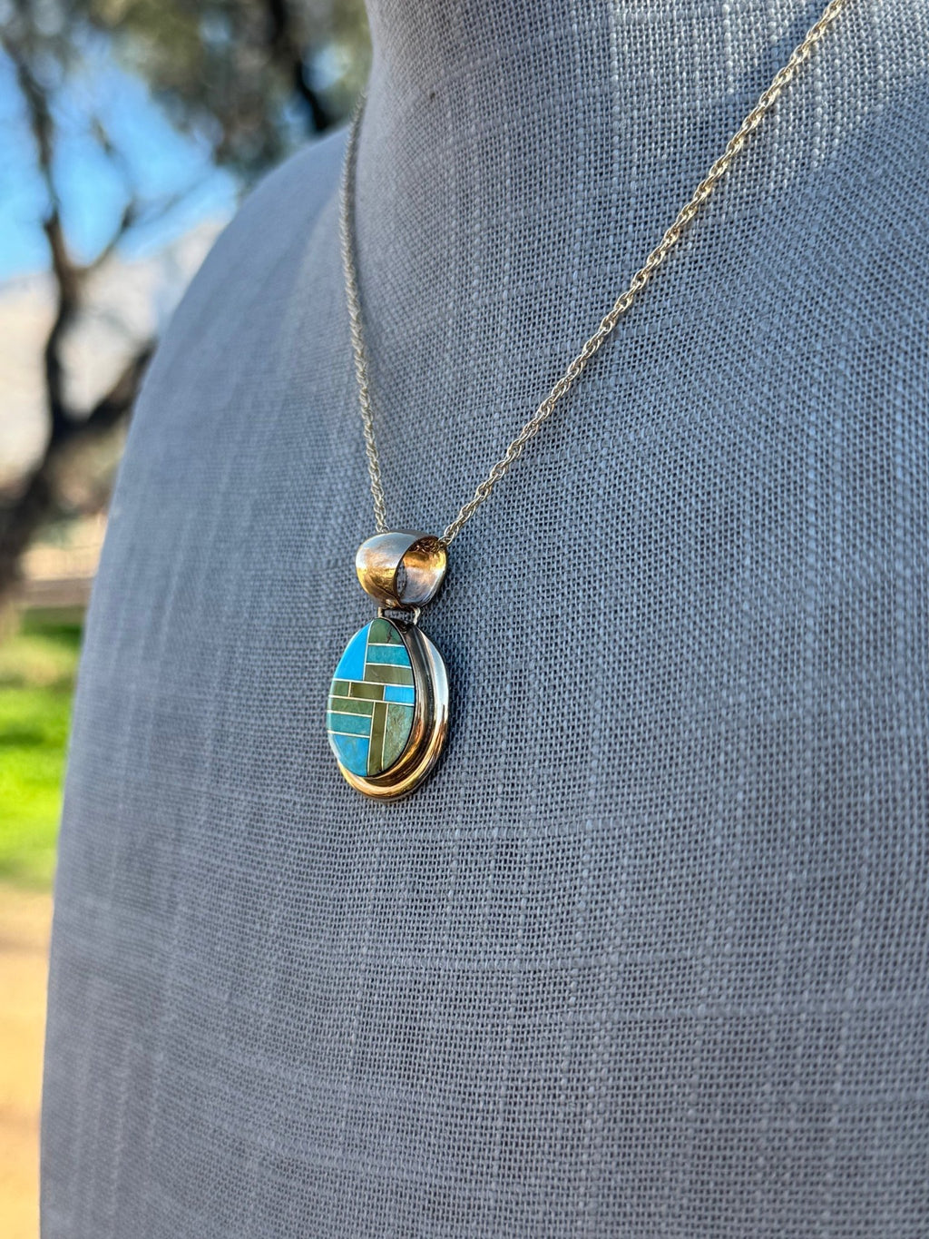 Handmade Gold Filled Over Sterling Silver & Sonoran Mountain Turquoise Inlay Pendant Necklace - Che Cose Belle