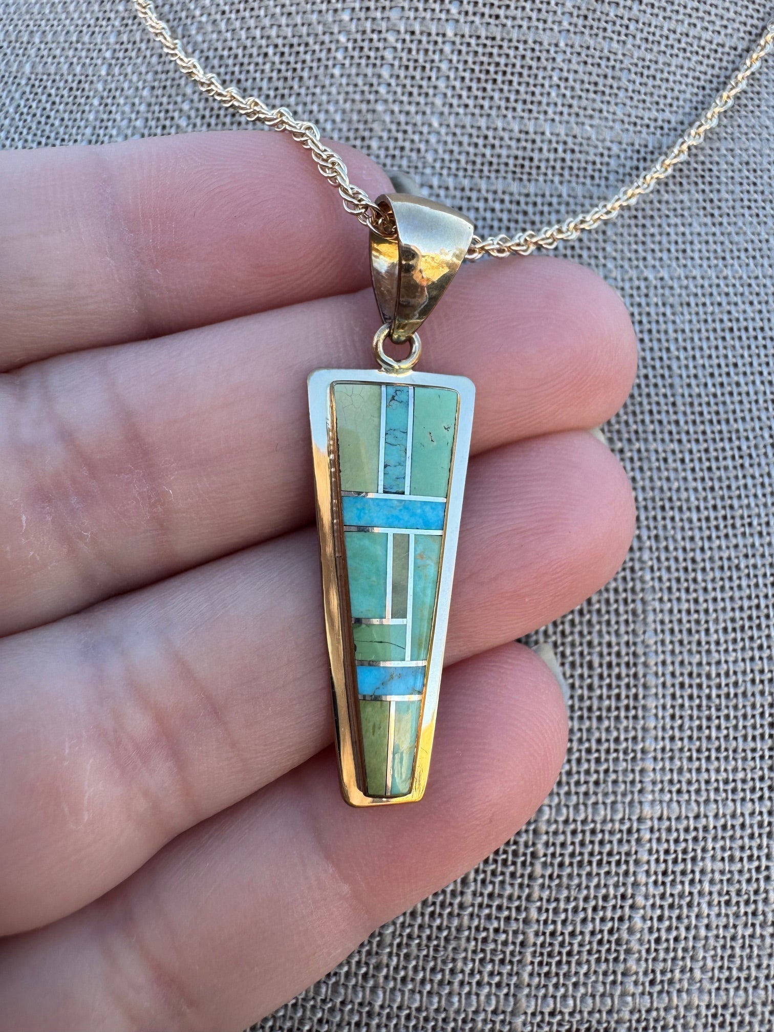 Handmade Gold Filled Over Sterling Silver & Sonoran Mountain Turquoise Inlay Pendant Necklace - Che Cose Belle