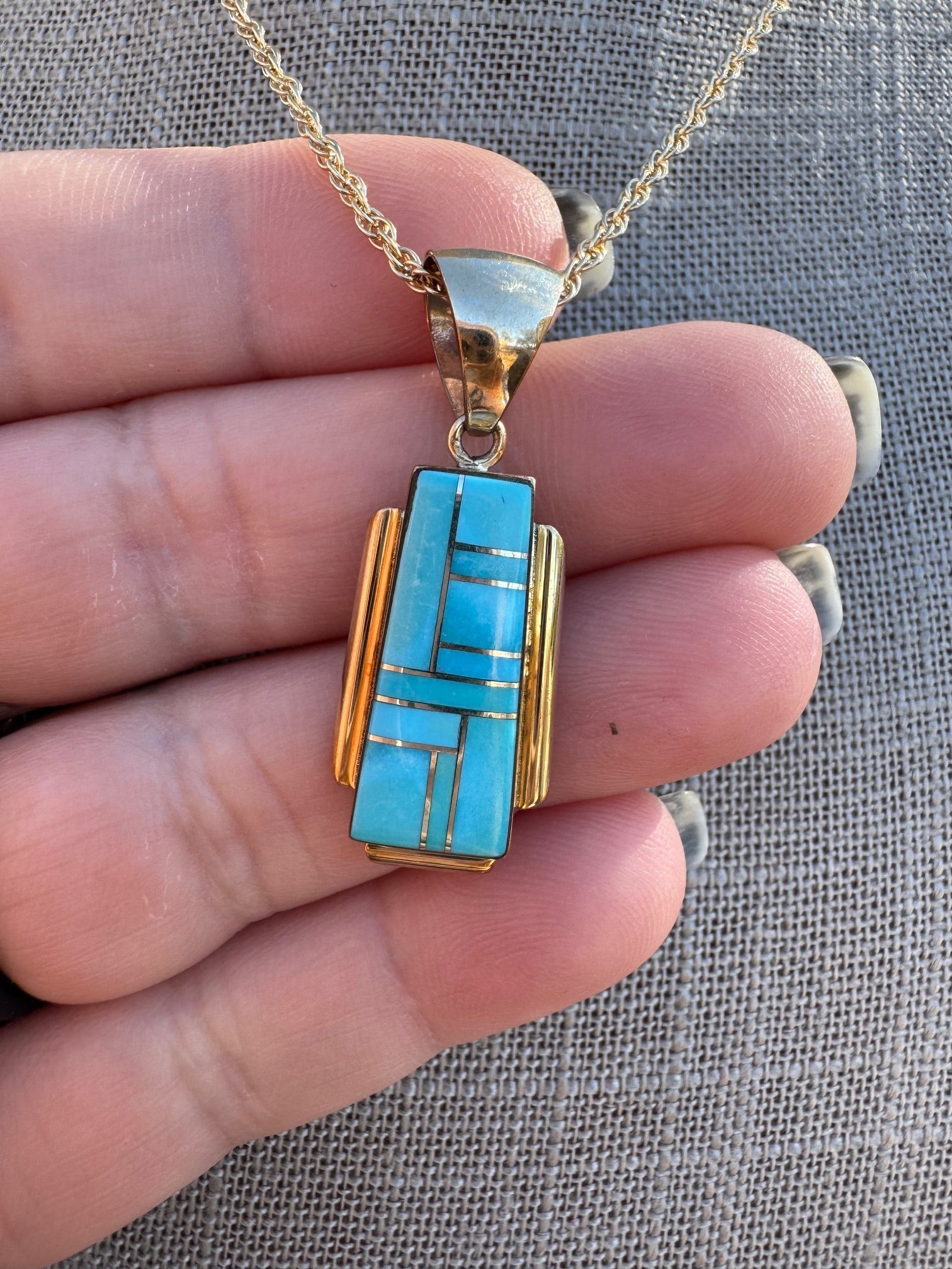 Handmade Gold Filled Over Sterling Silver & Turquoise Inlay Pendant Necklace - Che Cose Belle