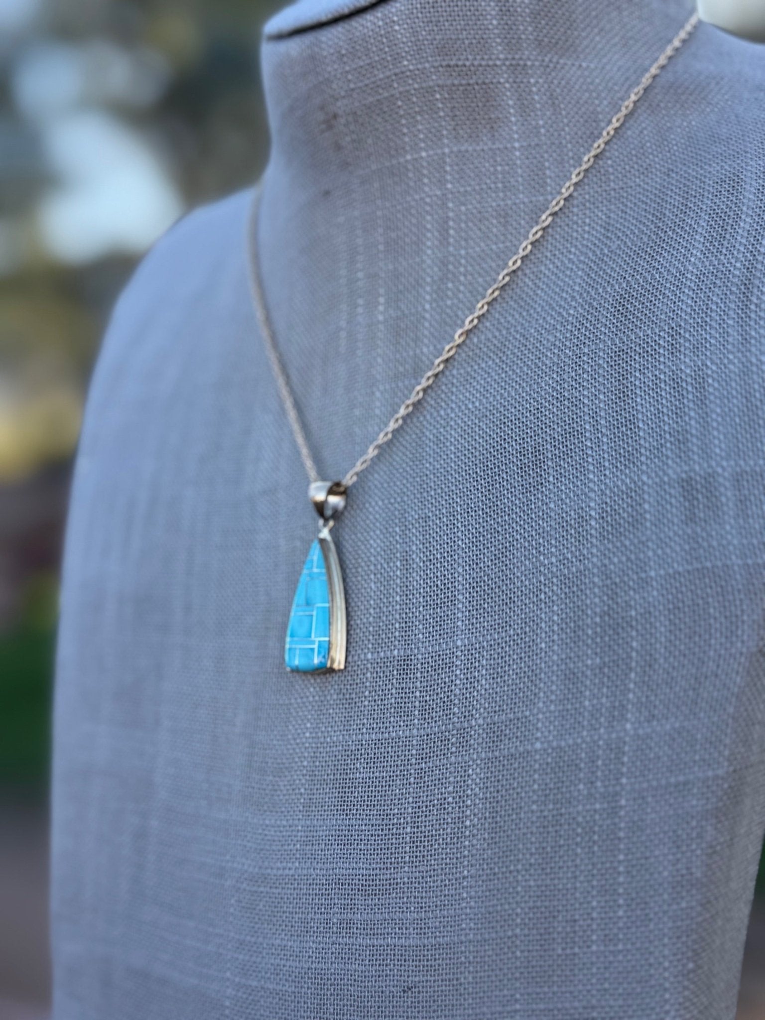 Handmade Gold Filled Over Sterling Silver & Turquoise Inlay Pendant Necklace 16" - Che Cose Belle