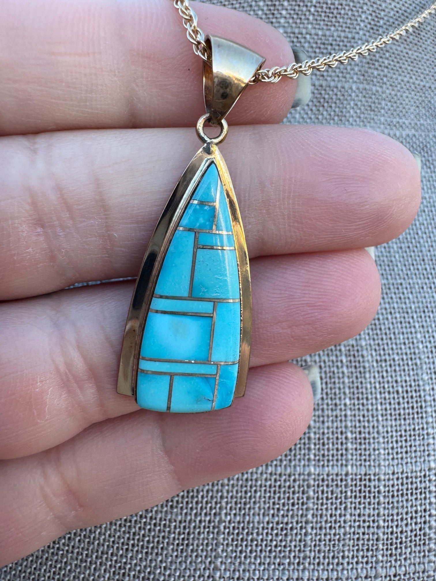 Handmade Gold Filled Over Sterling Silver & Turquoise Inlay Pendant Necklace 16" - Che Cose Belle