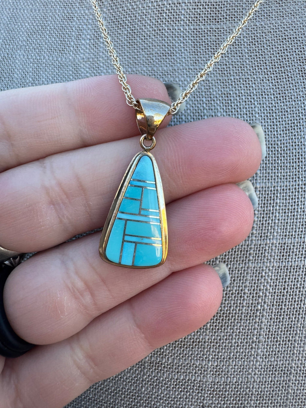 Handmade Gold Filled Over Sterling Silver & Turquoise Inlay Pendant Necklace 18" - Che Cose Belle