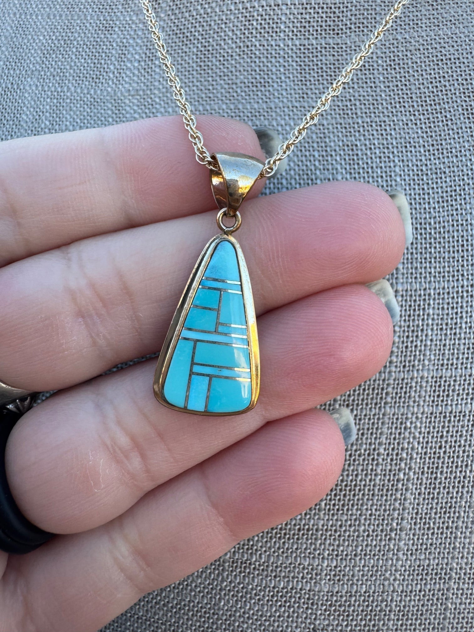 Handmade Gold Filled Over Sterling Silver & Turquoise Inlay Pendant Necklace 18" - Che Cose Belle