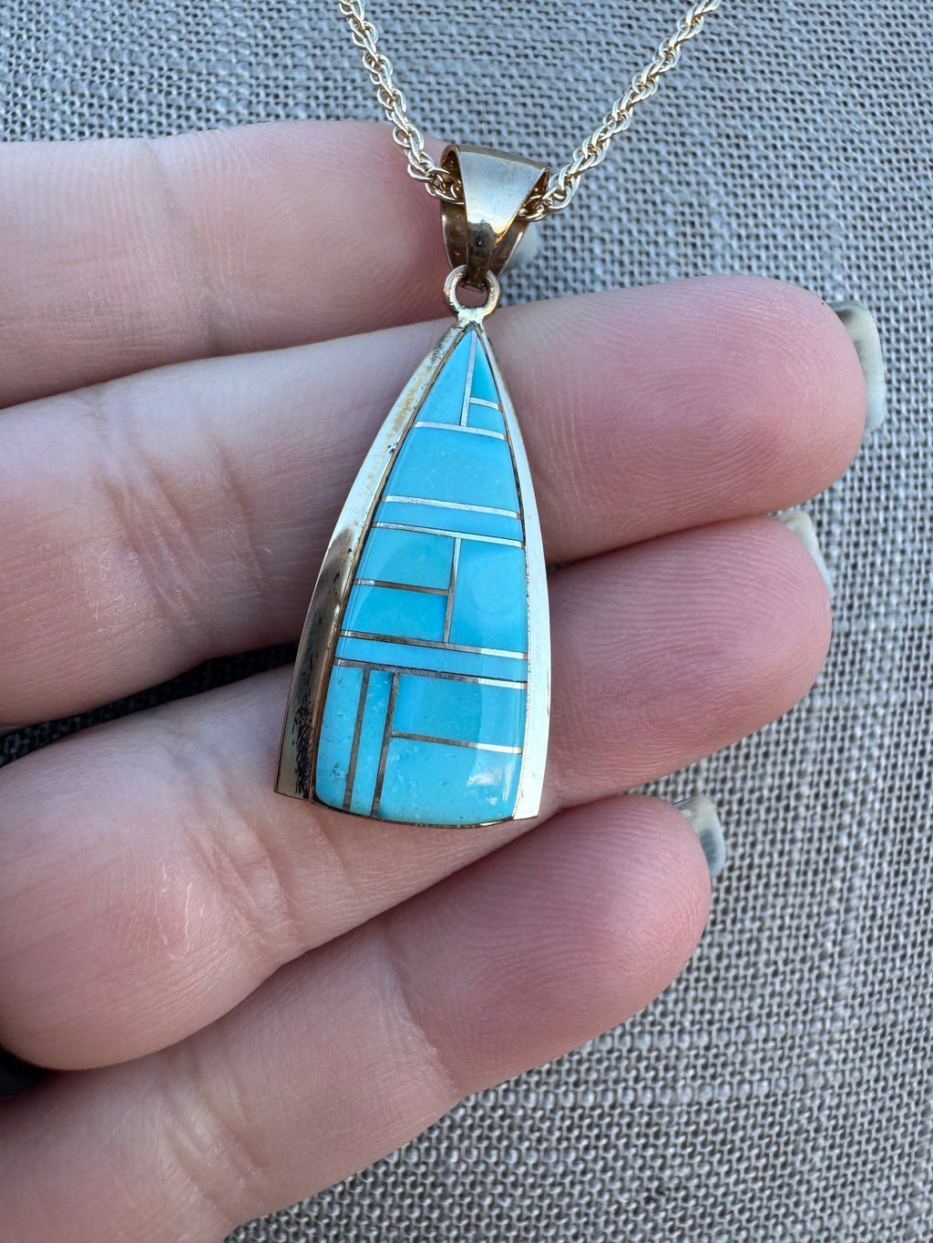 Handmade Gold Filled Over Sterling Silver & Turquoise Inlay Pendant Necklace 18" - Che Cose Belle