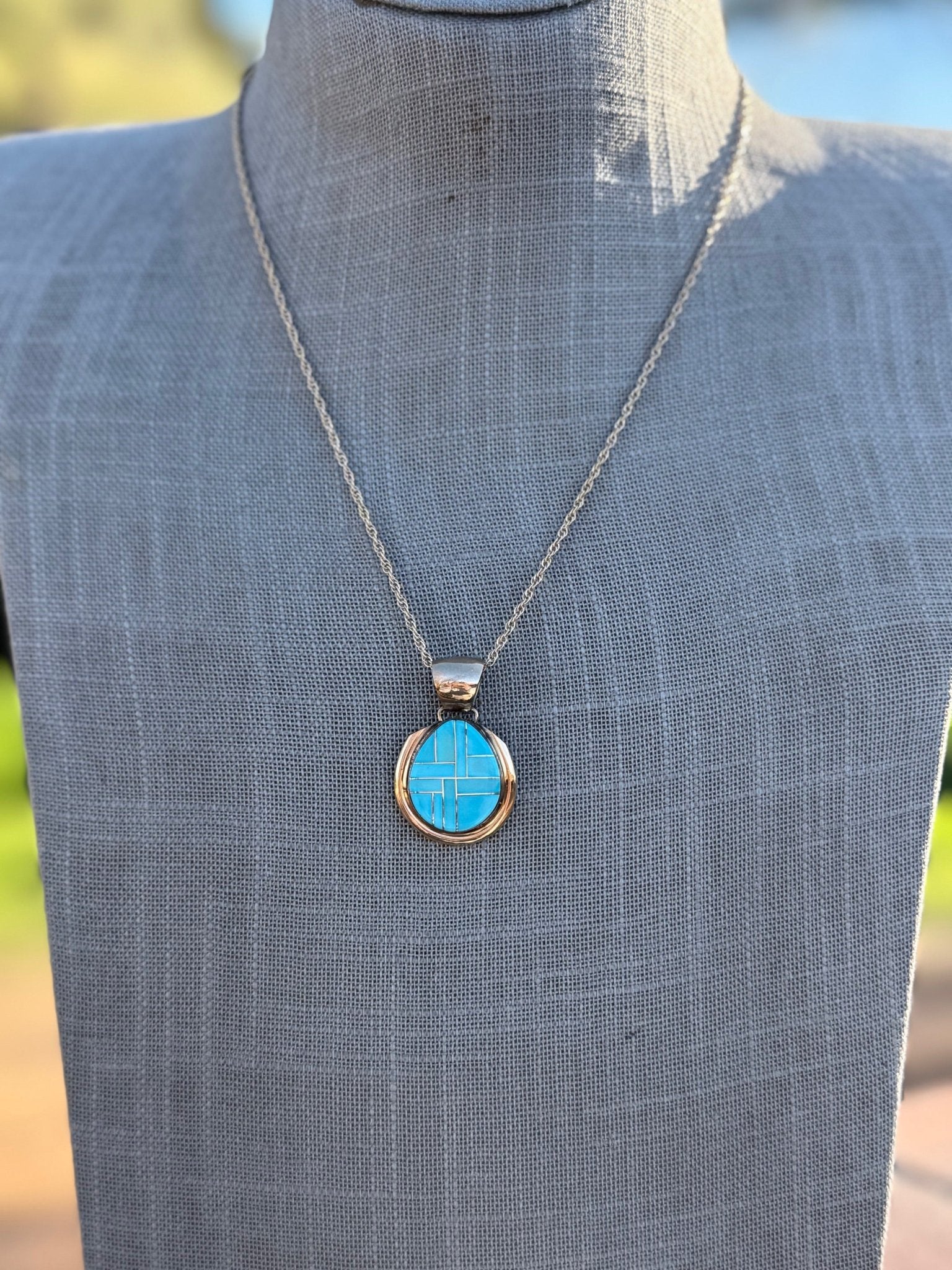 Handmade Gold Filled Over Sterling Silver & Turquoise Inlay Pendant Necklace - Che Cose Belle