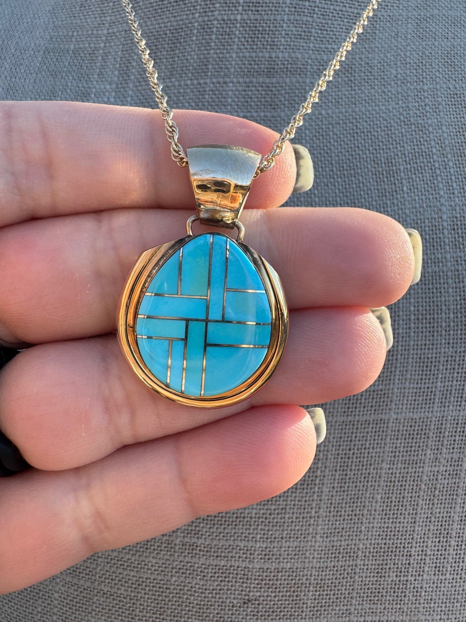Handmade Gold Filled Over Sterling Silver & Turquoise Inlay Pendant Necklace - Che Cose Belle