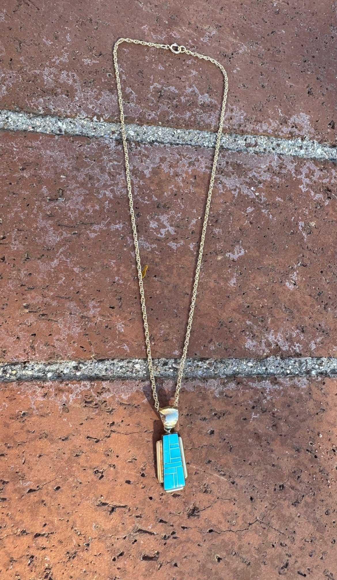 Handmade Gold Filled Over Sterling Silver & Turquoise Inlay Pendant Necklace - Che Cose Belle