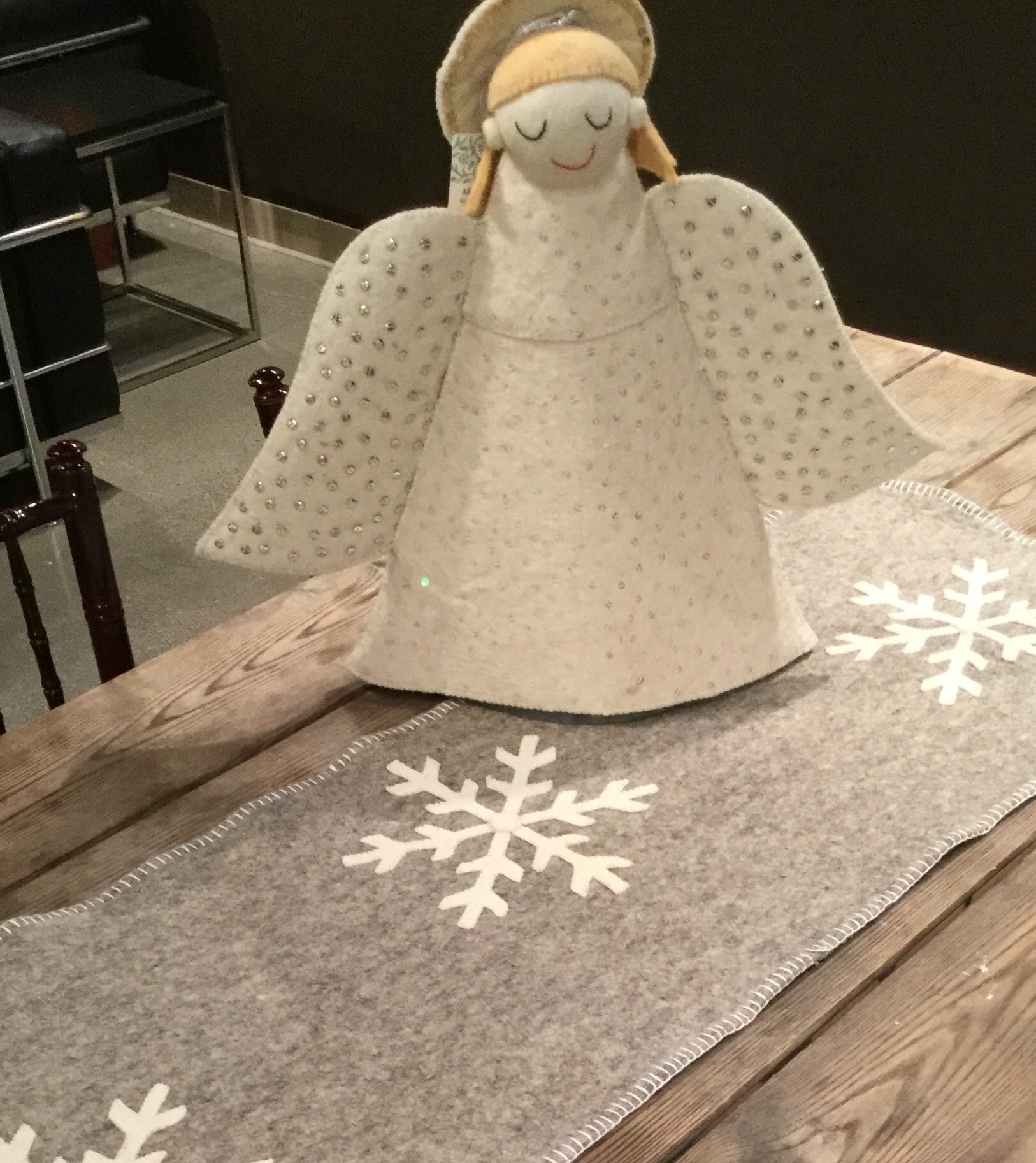 Gray Hand Felted Wool Christmas Table Runner - Snowflakes - 16"x44" Arcadia Home