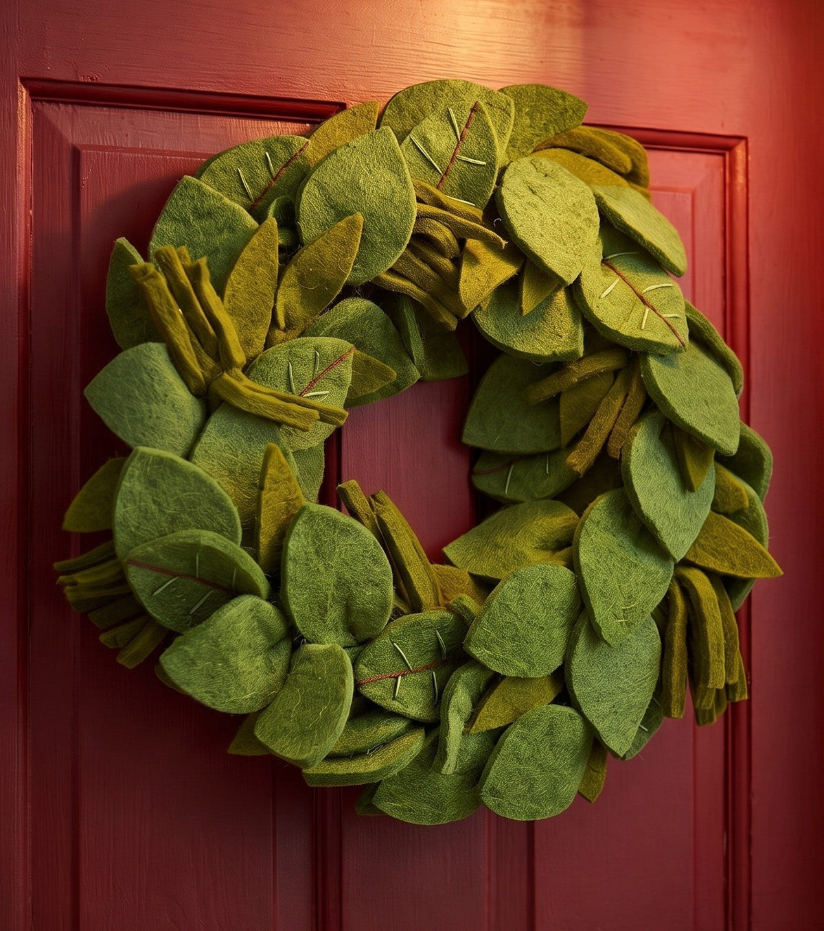 Handmade Hand Felted Wool Wreath - Green Leaves Embroidery - 14" Arcadia Home