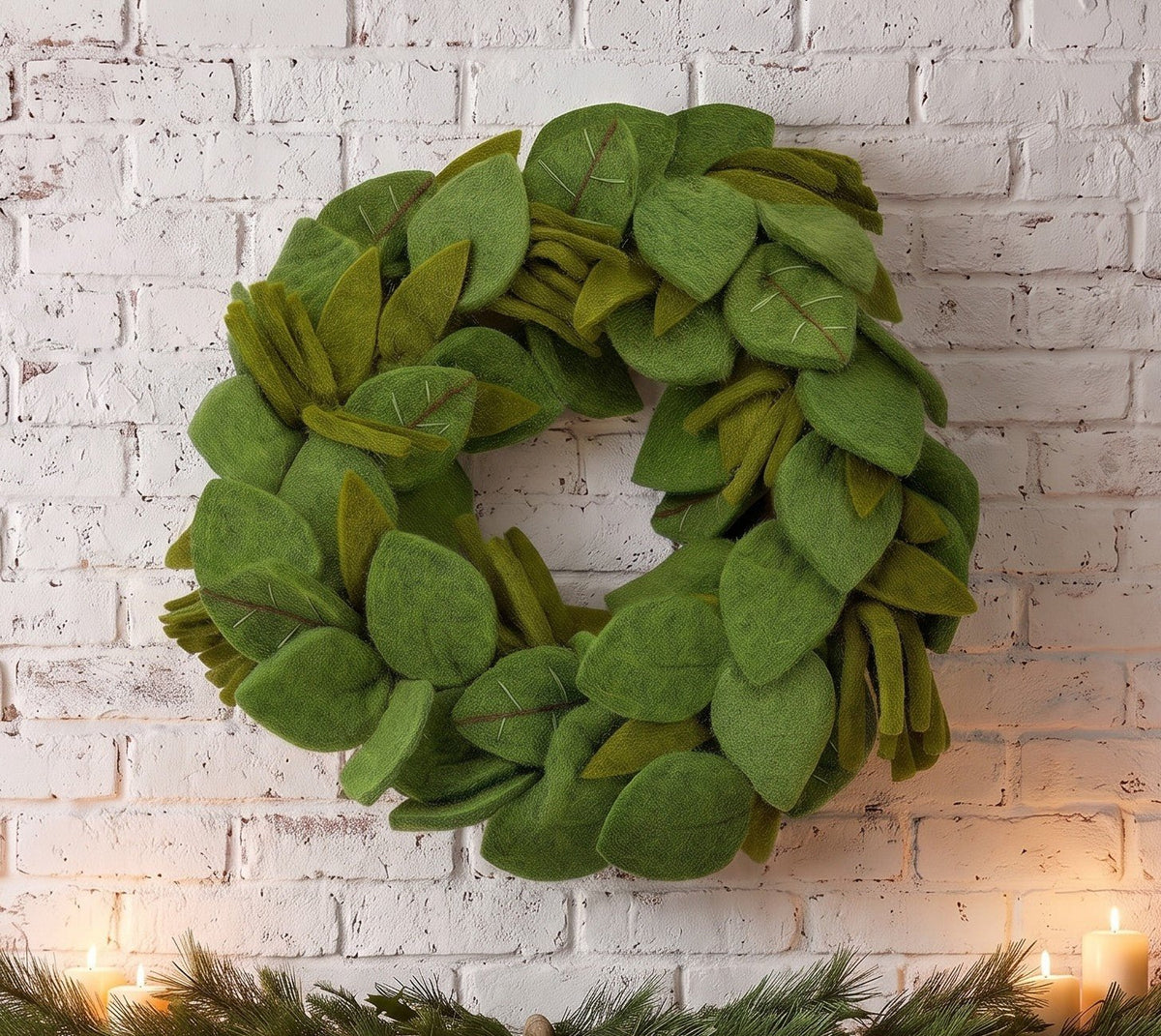 Handmade Hand Felted Wool Wreath - Green Leaves Embroidery - 14" Arcadia Home
