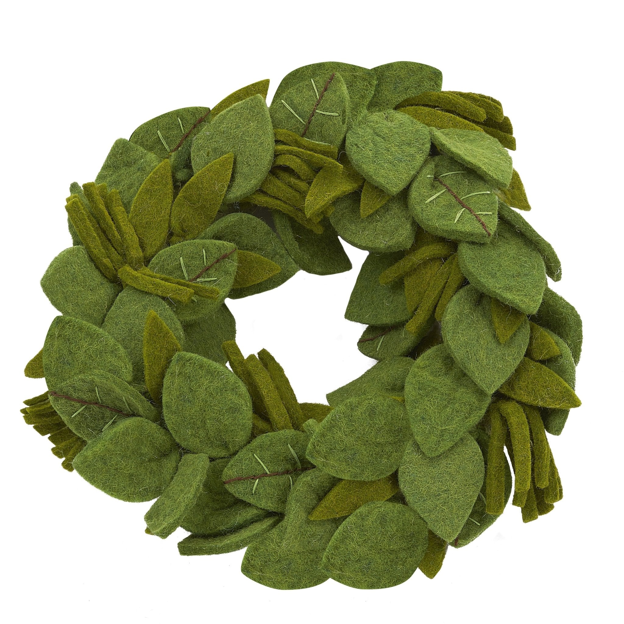 Handmade Hand Felted Wool Wreath - Green Leaves Embroidery - 14" Arcadia Home