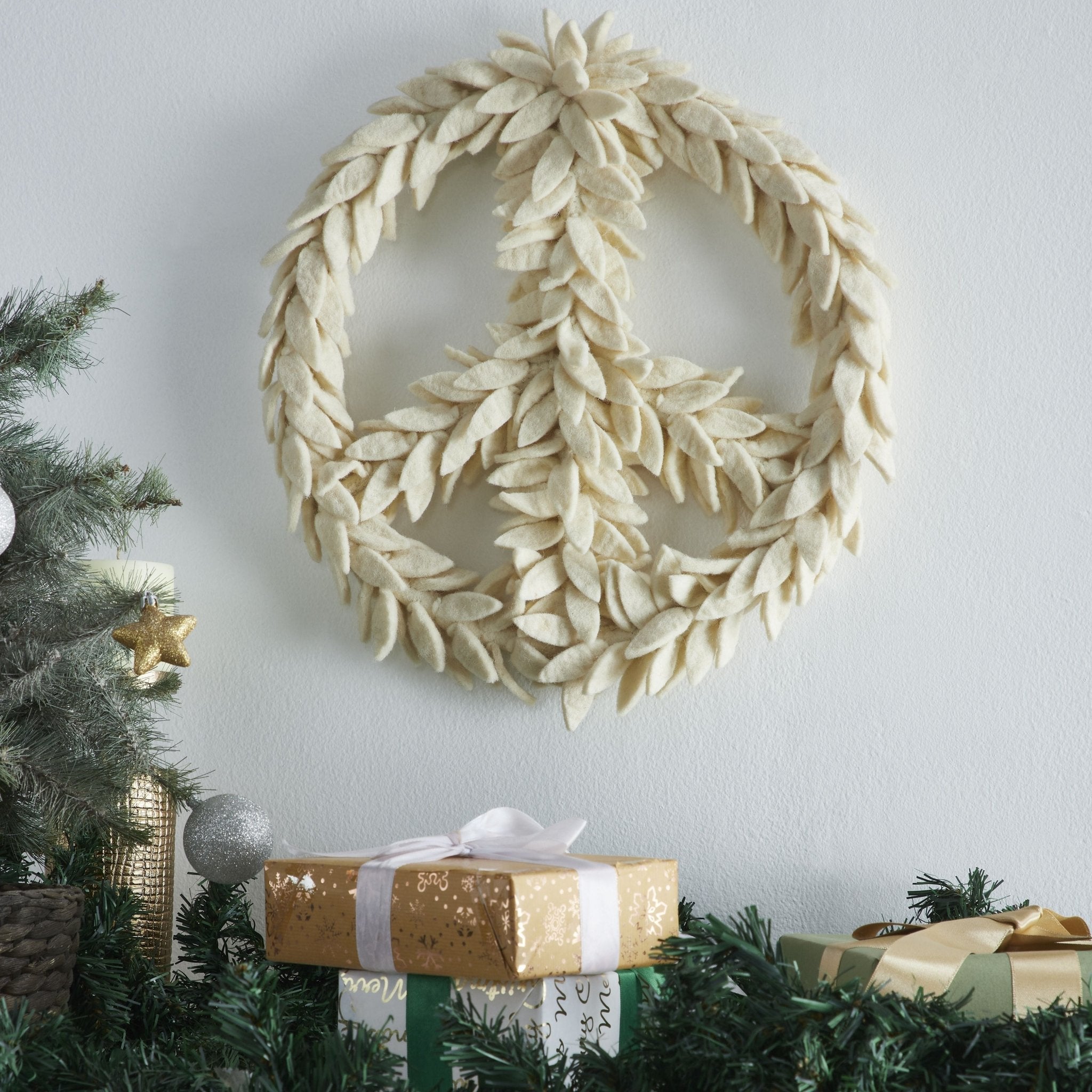 Handmade Hand Felted Wool Wreath - Peace Symbol Cream - 14" Arcadia Home - Che Cose Belle