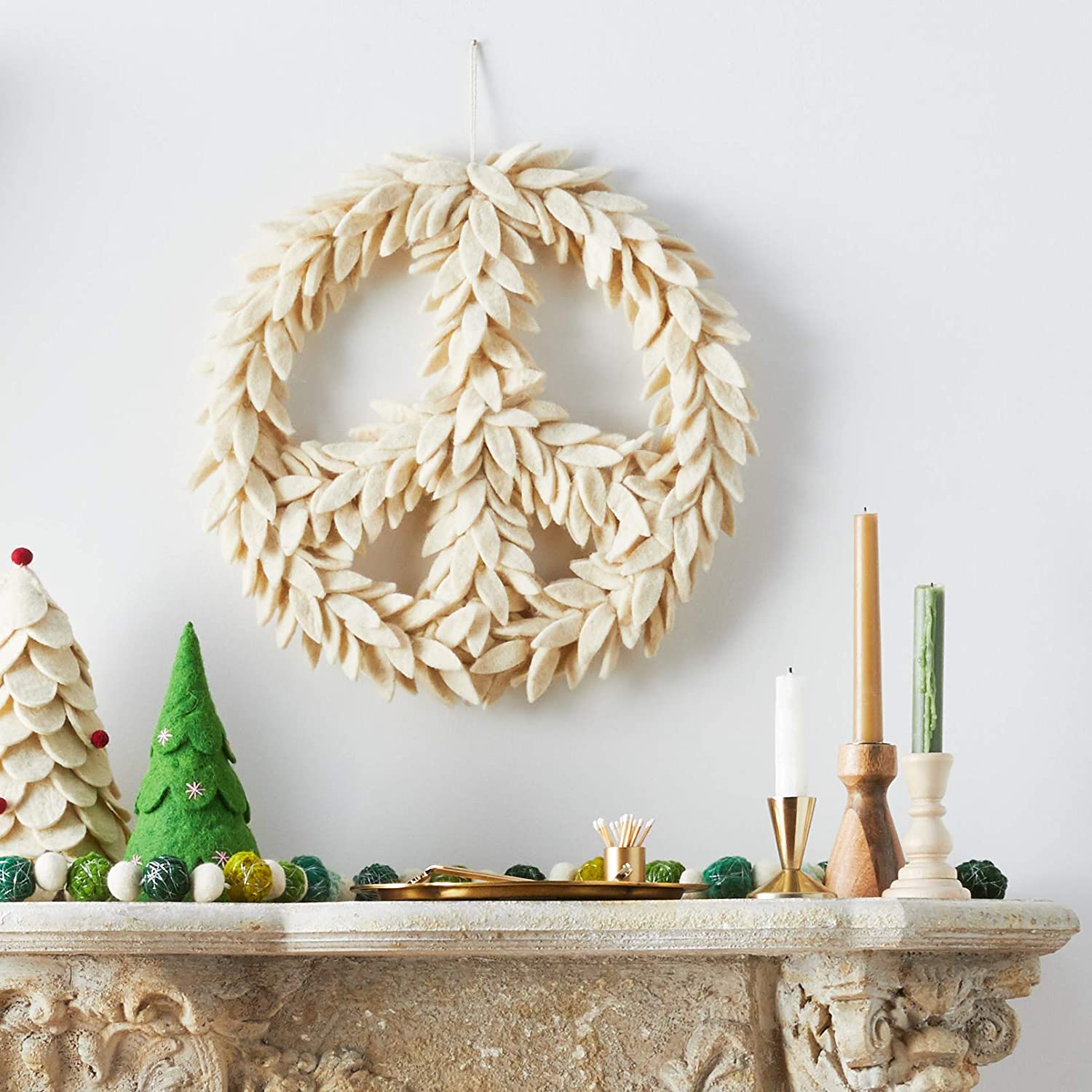 Handmade Hand Felted Wool Wreath - Peace Symbol Cream - 14" Arcadia Home - Che Cose Belle