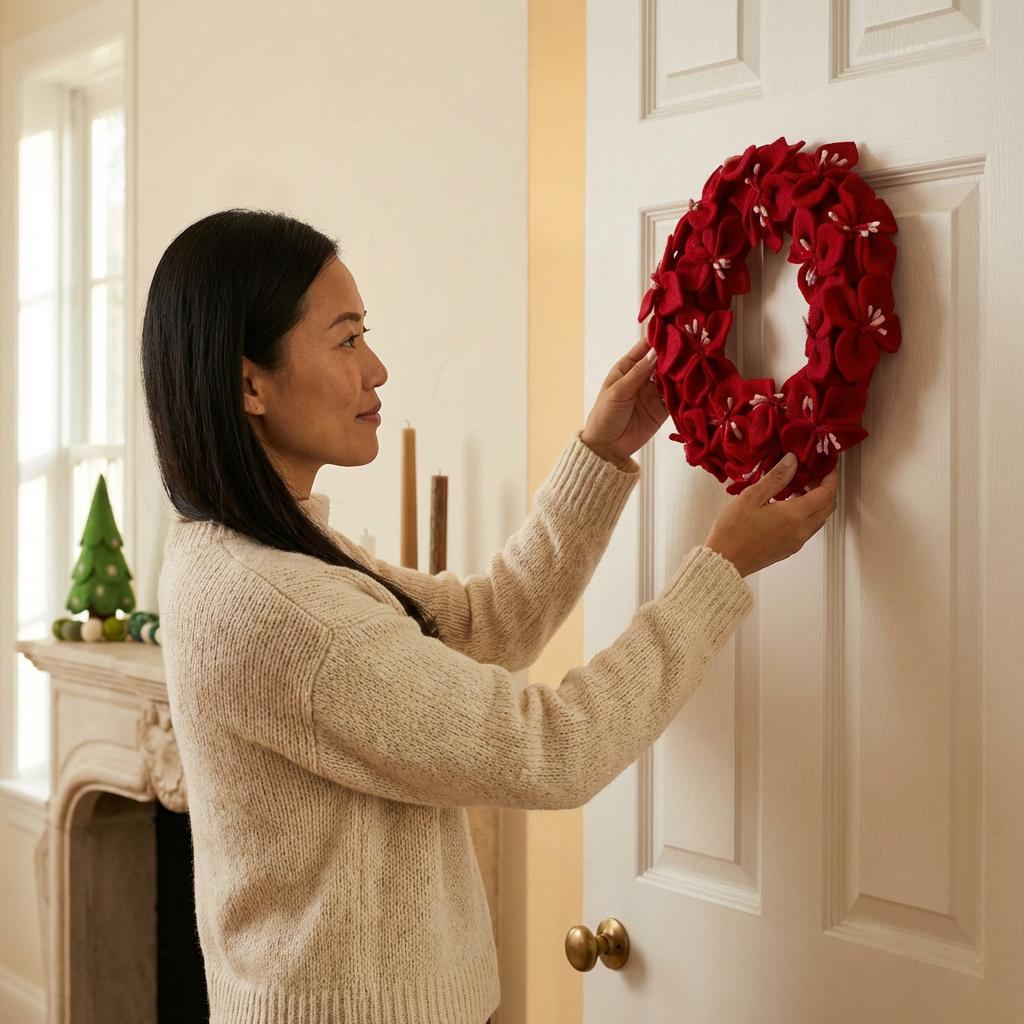 Handmade Hand Felted Wool Wreath - Red Amaryllis Flowers - 14" Arcadia Home - Che Cose Belle