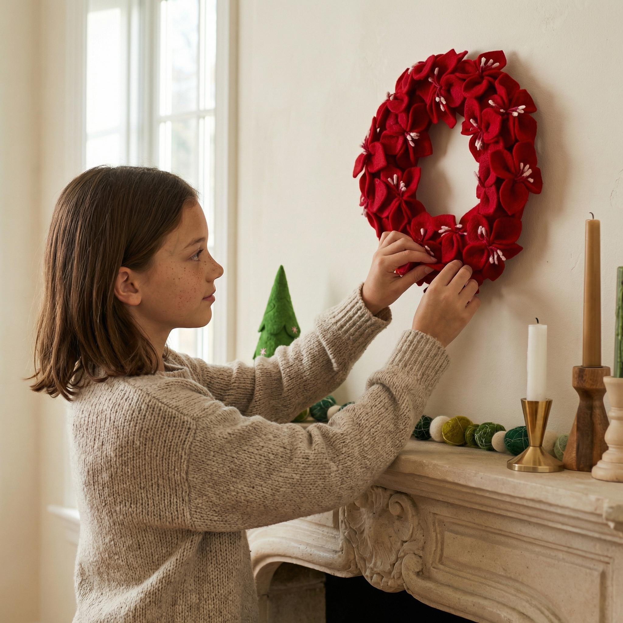 Handmade Hand Felted Wool Wreath - Red Amaryllis Flowers - 14" Arcadia Home - Che Cose Belle