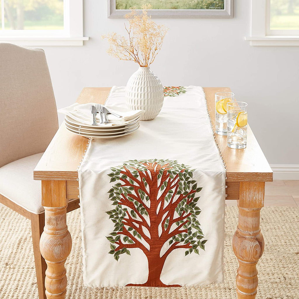 Handmade Ivory Silk Table Runner Tree of Life Embroidery and Hand Beading - 18"x72" Arcadia Home - Che Cose Belle