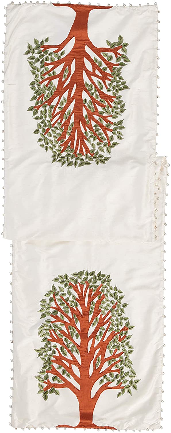 Handmade Ivory Silk Table Runner Tree of Life Embroidery and Hand Beading - 18"x72" Arcadia Home - Che Cose Belle