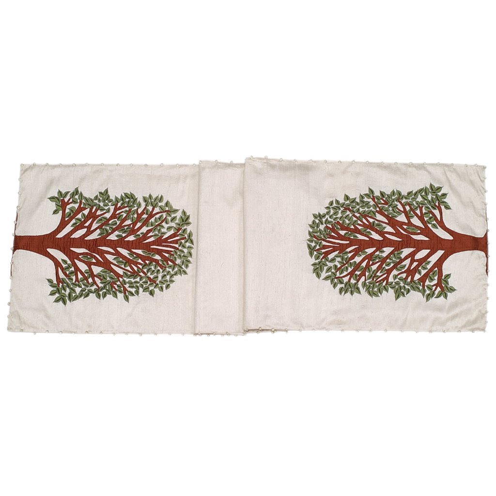 Handmade Ivory Silk Table Runner Tree of Life Embroidery and Hand Beading - 18"x72" Arcadia Home - Che Cose Belle
