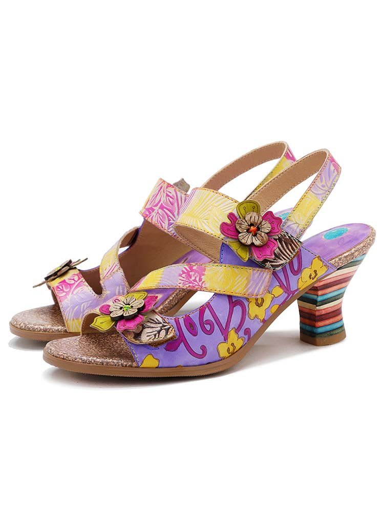 Handmade Leather Colored Stripe Heel Comfy Sandals - Che Cose Belle