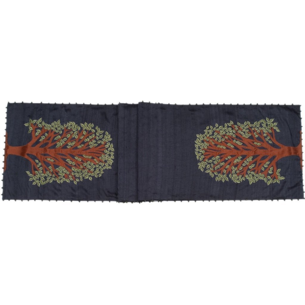 Handmade Navy Silk Table Runner Tree of Life Embroidery and Hand Beading - 18"x72" Arcadia Home - Che Cose Belle