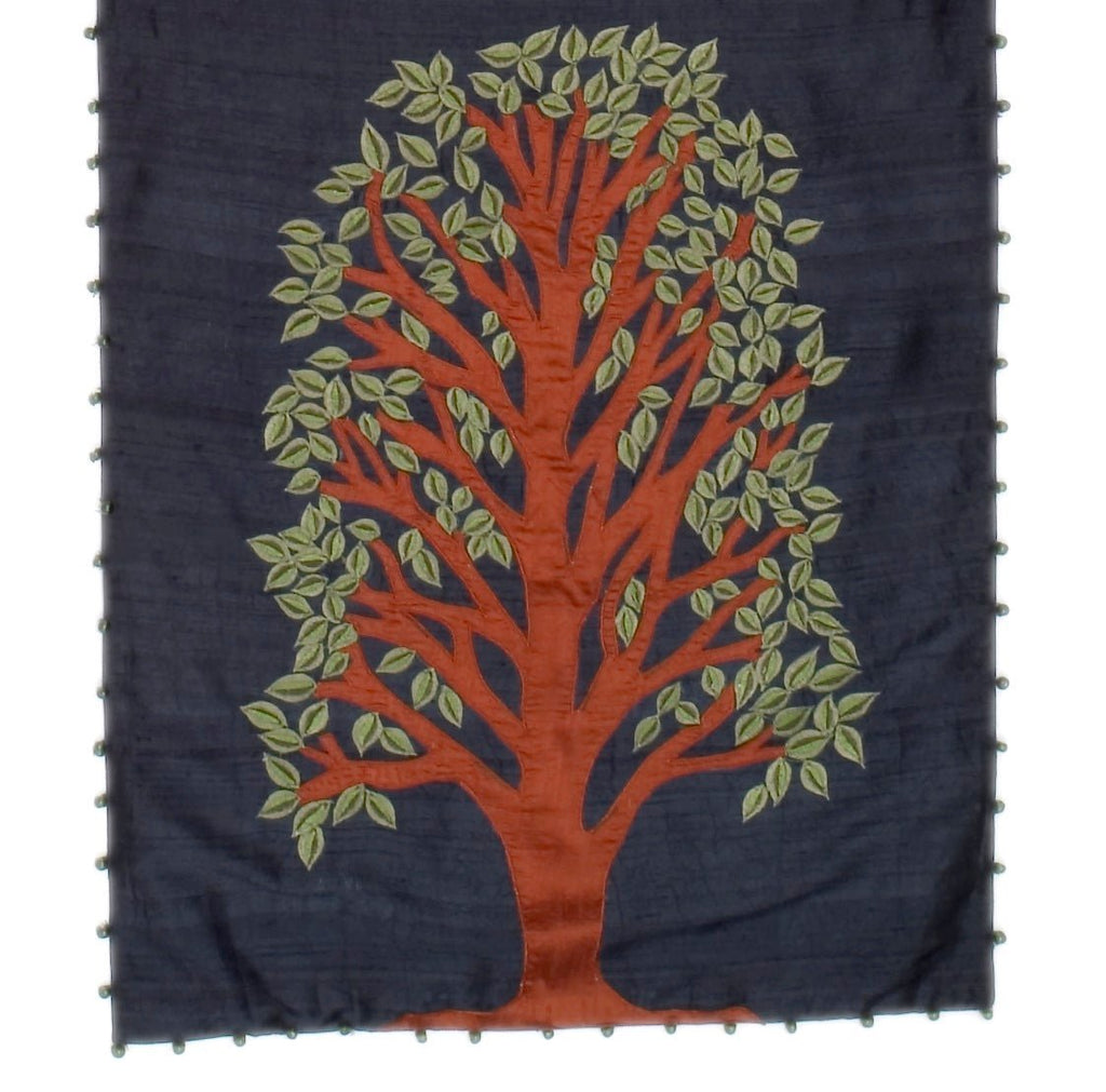 Handmade Navy Silk Table Runner Tree of Life Embroidery and Hand Beading - 18"x72" Arcadia Home - Che Cose Belle