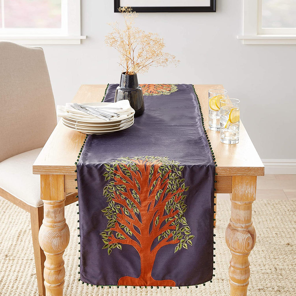 Handmade Navy Silk Table Runner Tree of Life Embroidery and Hand Beading - 18"x72" Arcadia Home - Che Cose Belle