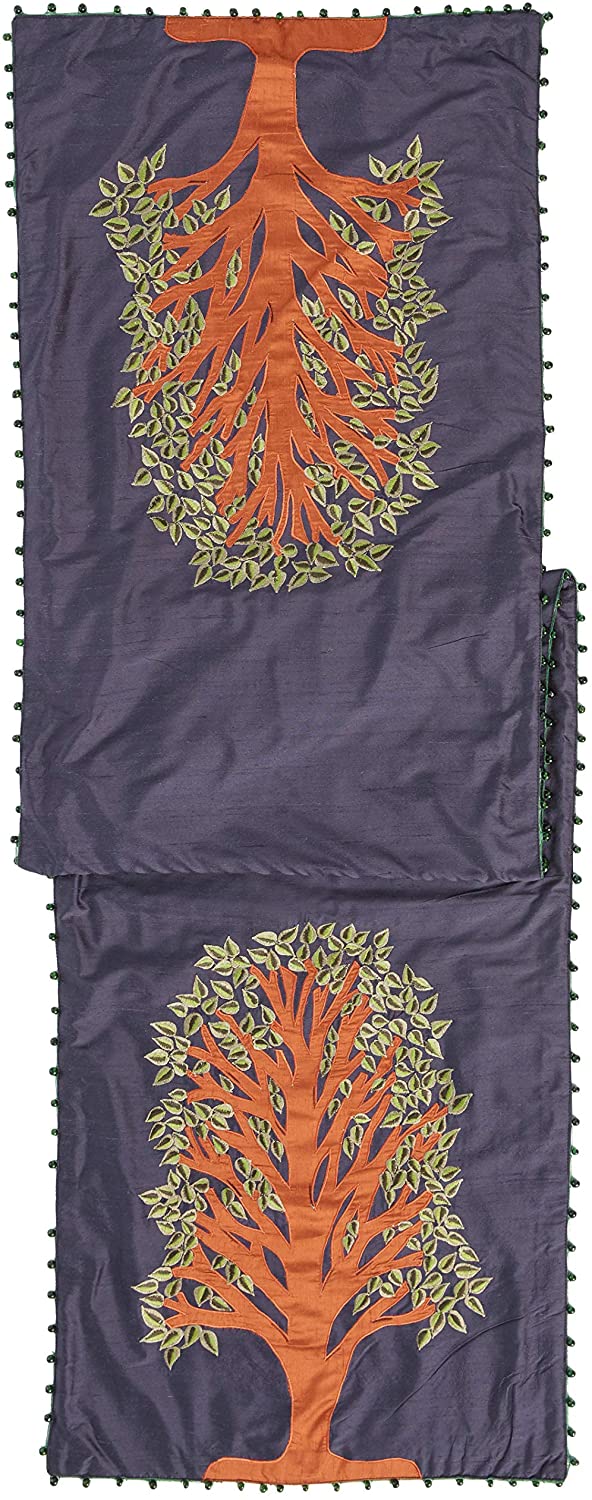 Handmade Navy Silk Table Runner Tree of Life Embroidery and Hand Beading - 18"x72" Arcadia Home - Che Cose Belle