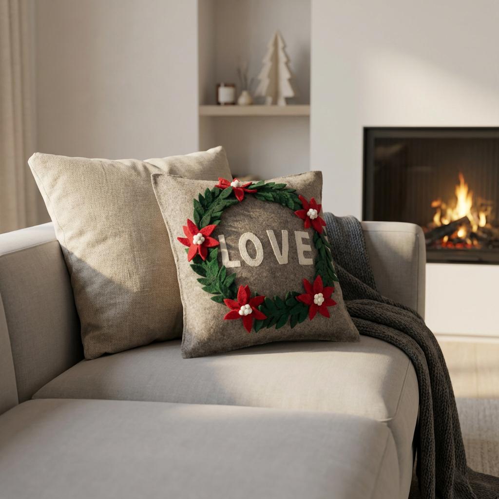 Handmade Pillow Hand Felted Wool - LOVE Wreath Gray - 20" Arcadia Home - Che Cose Belle
