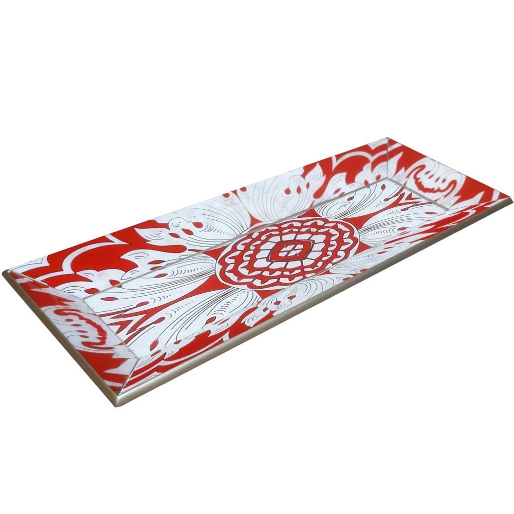 Handmade Reverse Painted Mirror Tray Beveled Edge Tomato Red - Small Arcadia Home - Che Cose Belle