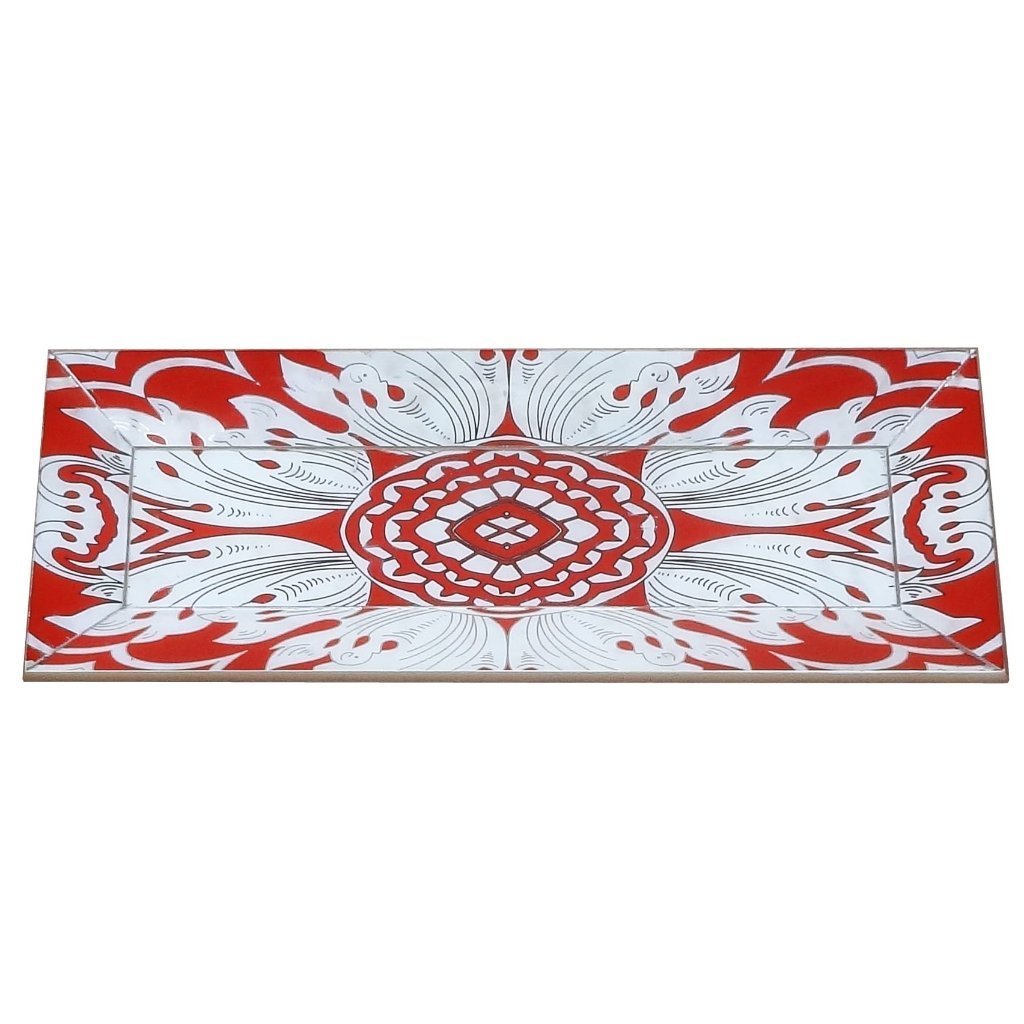 Handmade Reverse Painted Mirror Tray Beveled Edge Tomato Red - Small Arcadia Home - Che Cose Belle