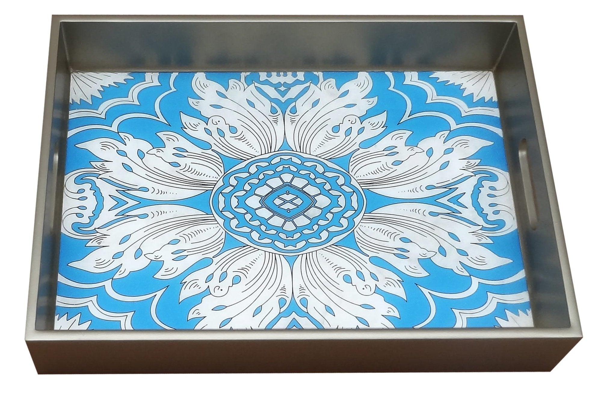 Handmade Reverse Painted Mirror Tray Sky Blue - Medium Arcadia Home
