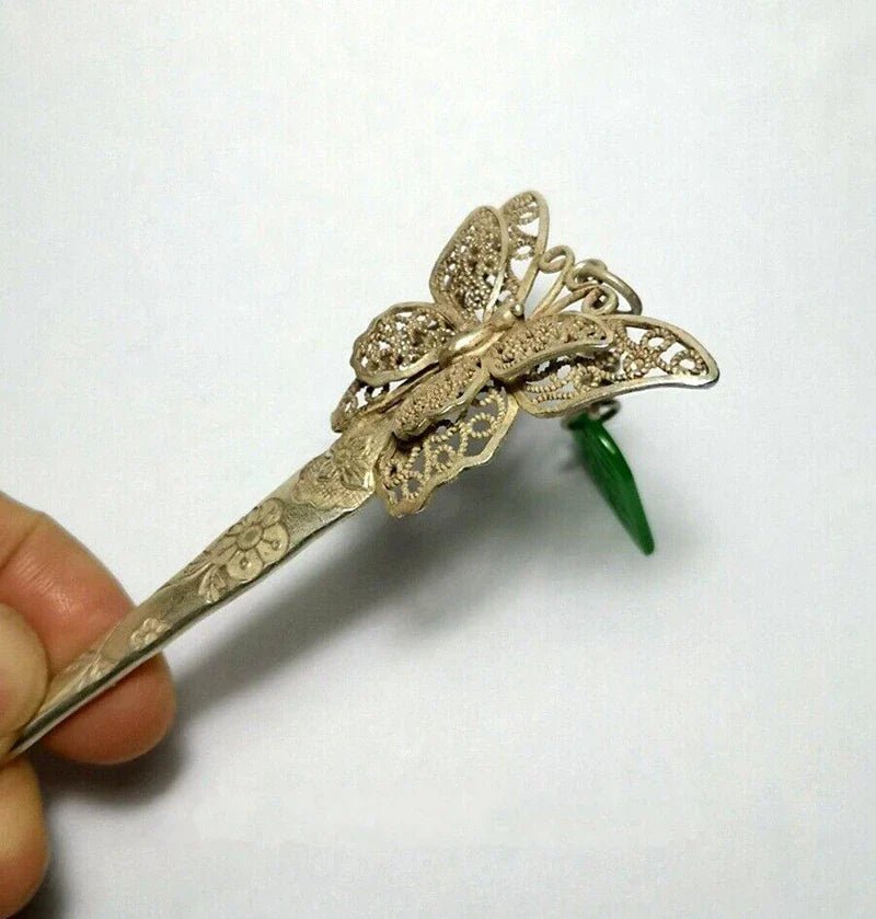 Handmade Silver Jade Butterfly Hairpin - Che Cose Belle