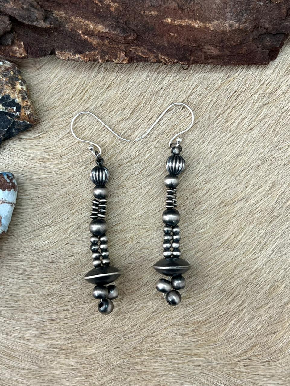 Handmade Sterling Silver Beaded Dangle Hook Earrings "Signed Nizhoni" - Che Cose Belle