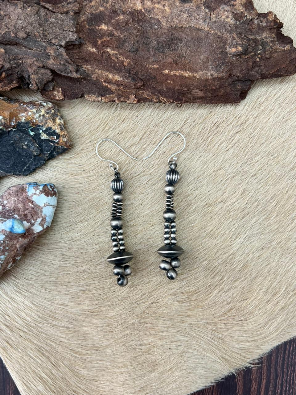Handmade Sterling Silver Beaded Dangle Hook Earrings "Signed Nizhoni" - Che Cose Belle