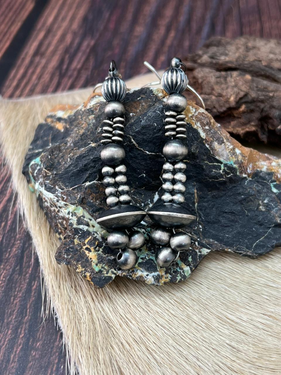 Handmade Sterling Silver Beaded Dangle Hook Earrings "Signed Nizhoni" - Che Cose Belle