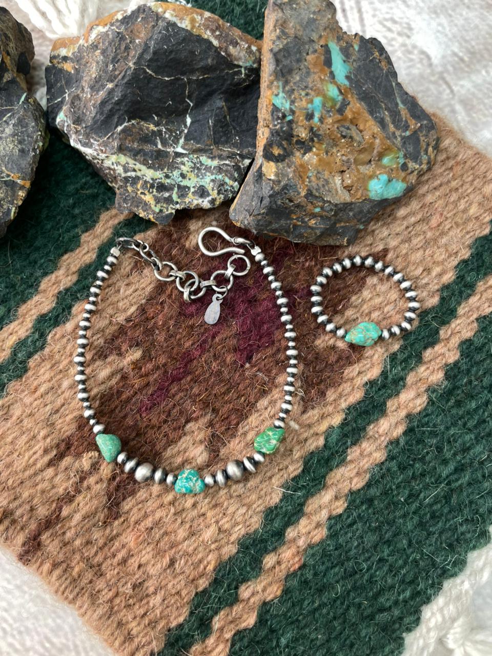 Handmade Sterling Silver Beaded Emerald Valley Bracelet Ring Set - Che Cose Belle