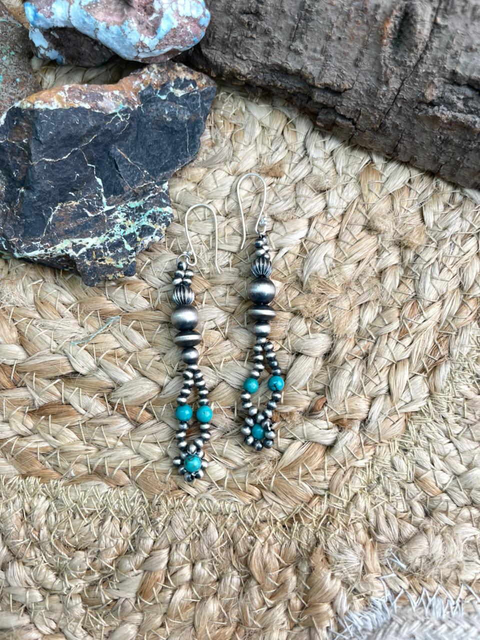 Handmade Sterling Silver Beaded Kingman Turquoise Hook Dangle Earrings - Che Cose Belle