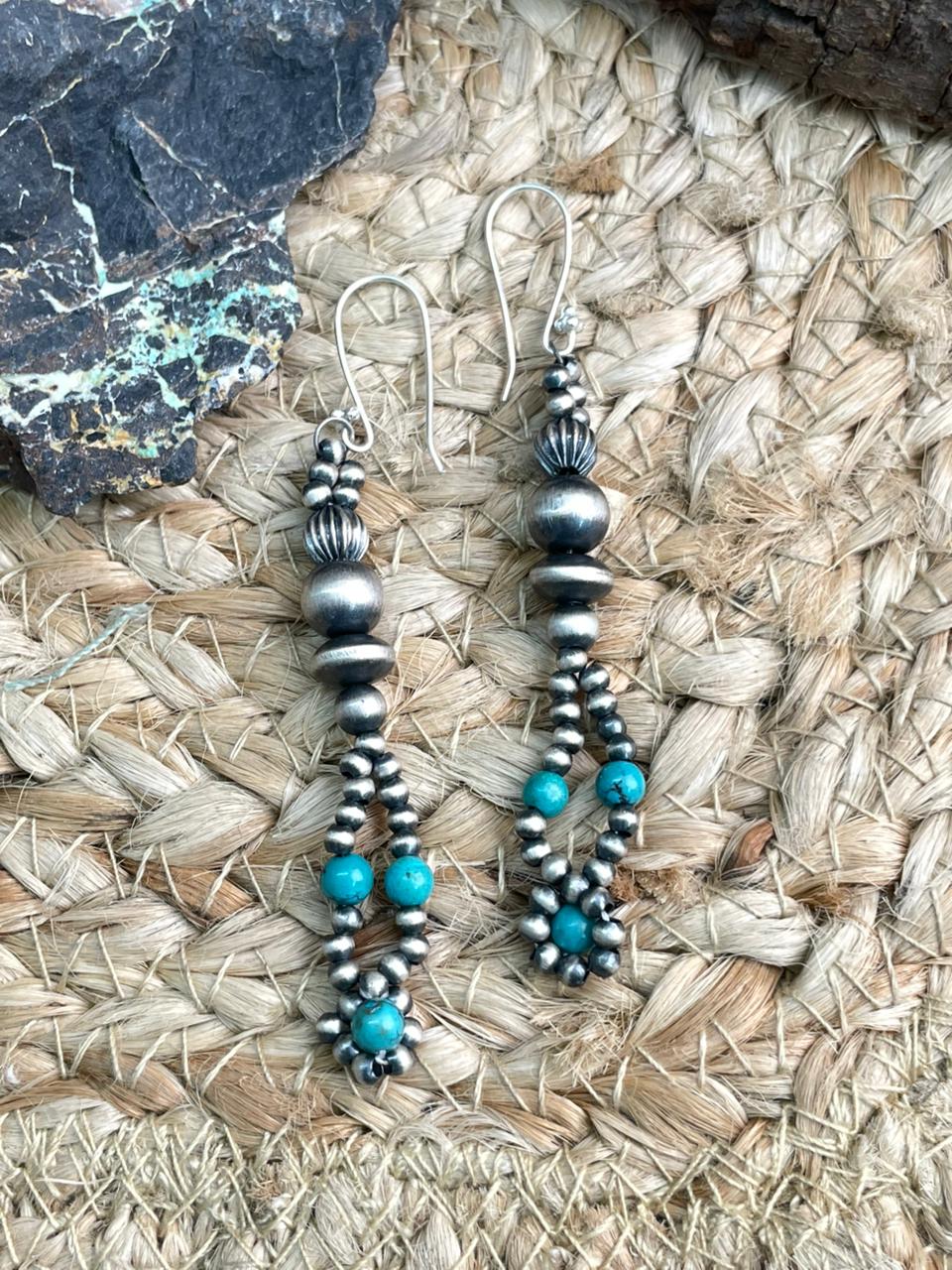 Handmade Sterling Silver Beaded Kingman Turquoise Hook Dangle Earrings - Che Cose Belle