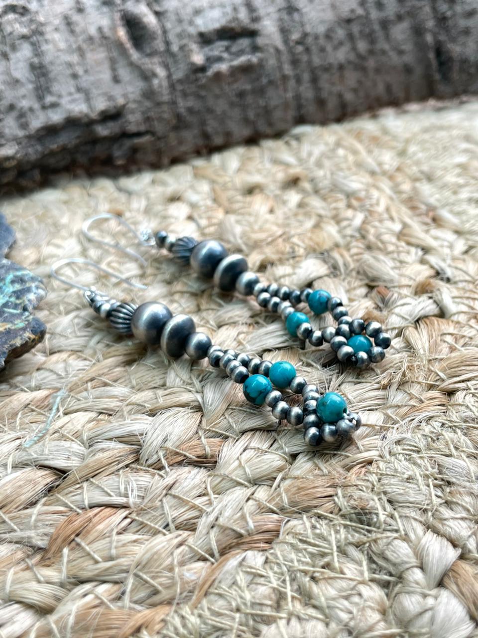 Handmade Sterling Silver Beaded Kingman Turquoise Hook Dangle Earrings - Che Cose Belle