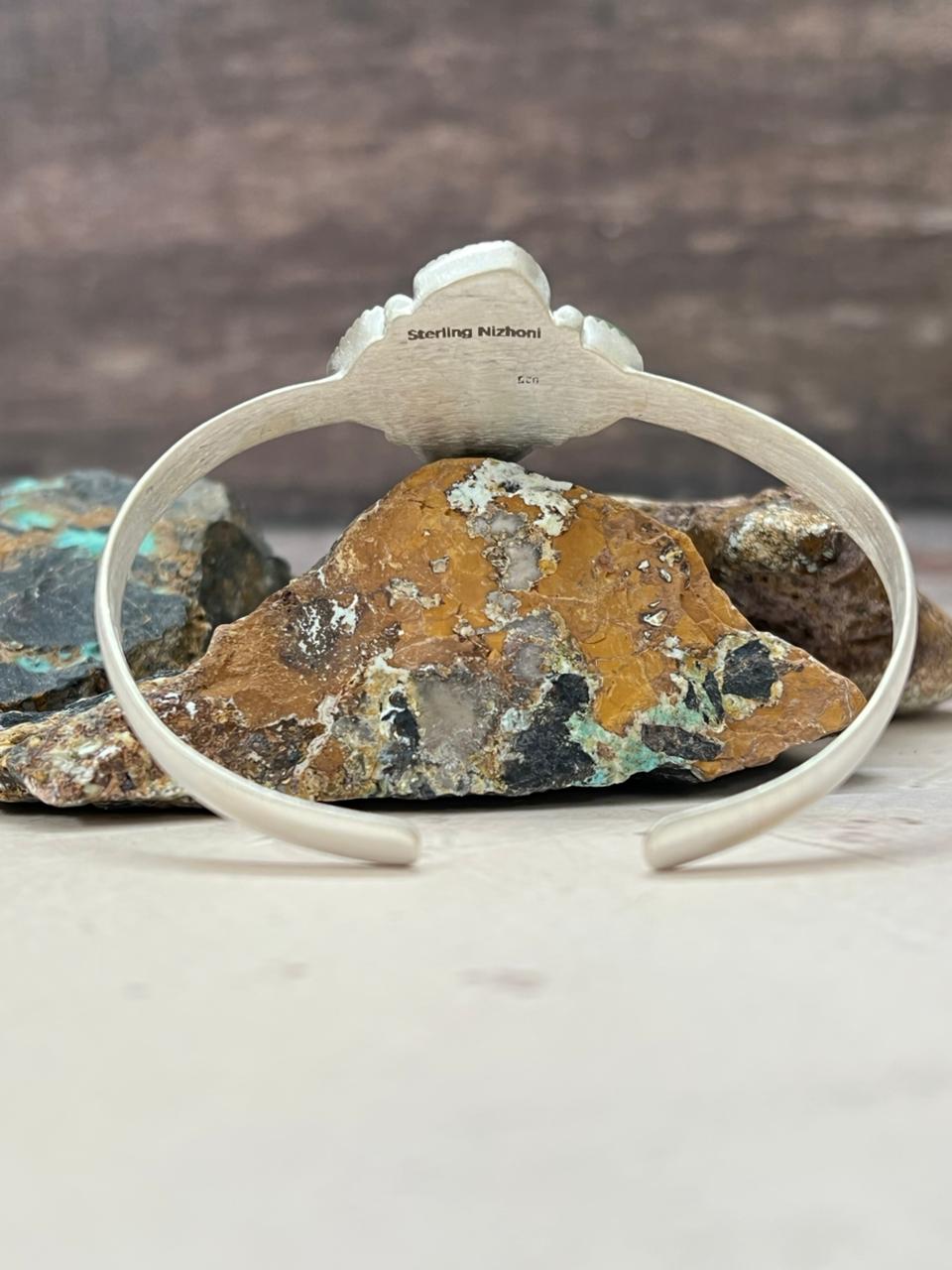 Handmade Sterling Silver Emerald Valley Turquoise Bracelet "Signed Nizhoni" - Che Cose Belle