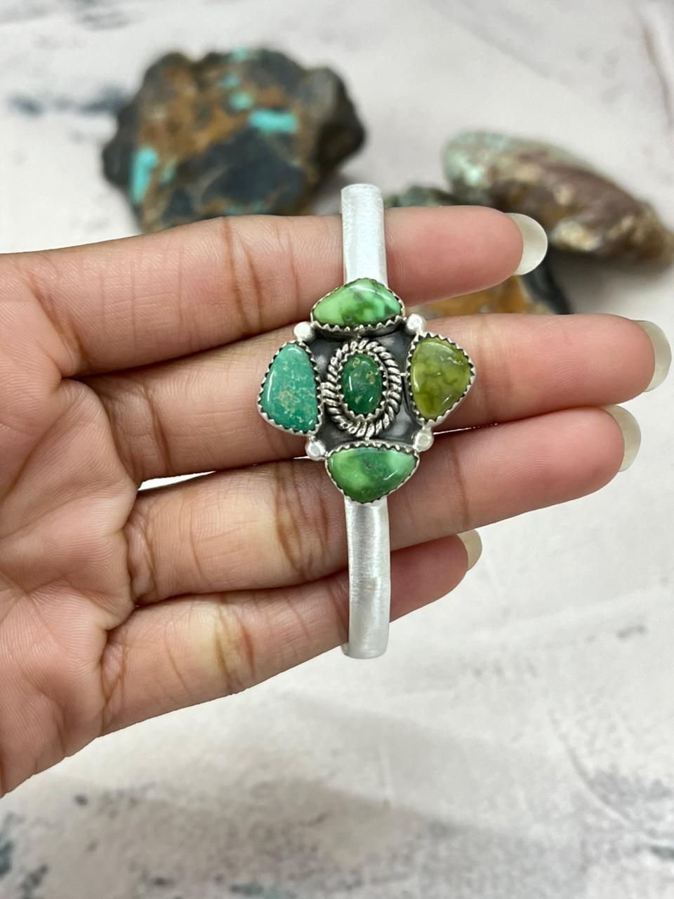 Handmade Sterling Silver Emerald Valley Turquoise Bracelet "Signed Nizhoni" - Che Cose Belle